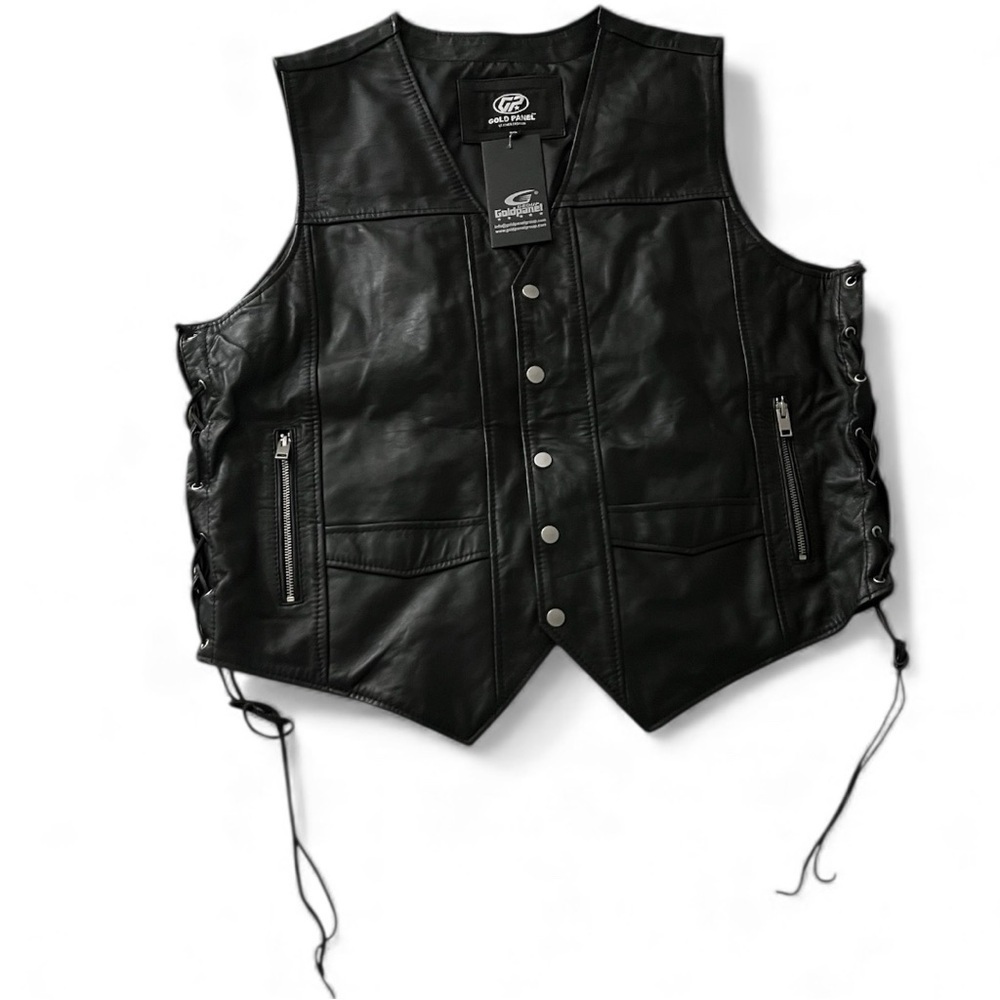 Gold Panel Black Mens Genuine Leather Motorcycle Vest 2XL Premium Leather‎ New